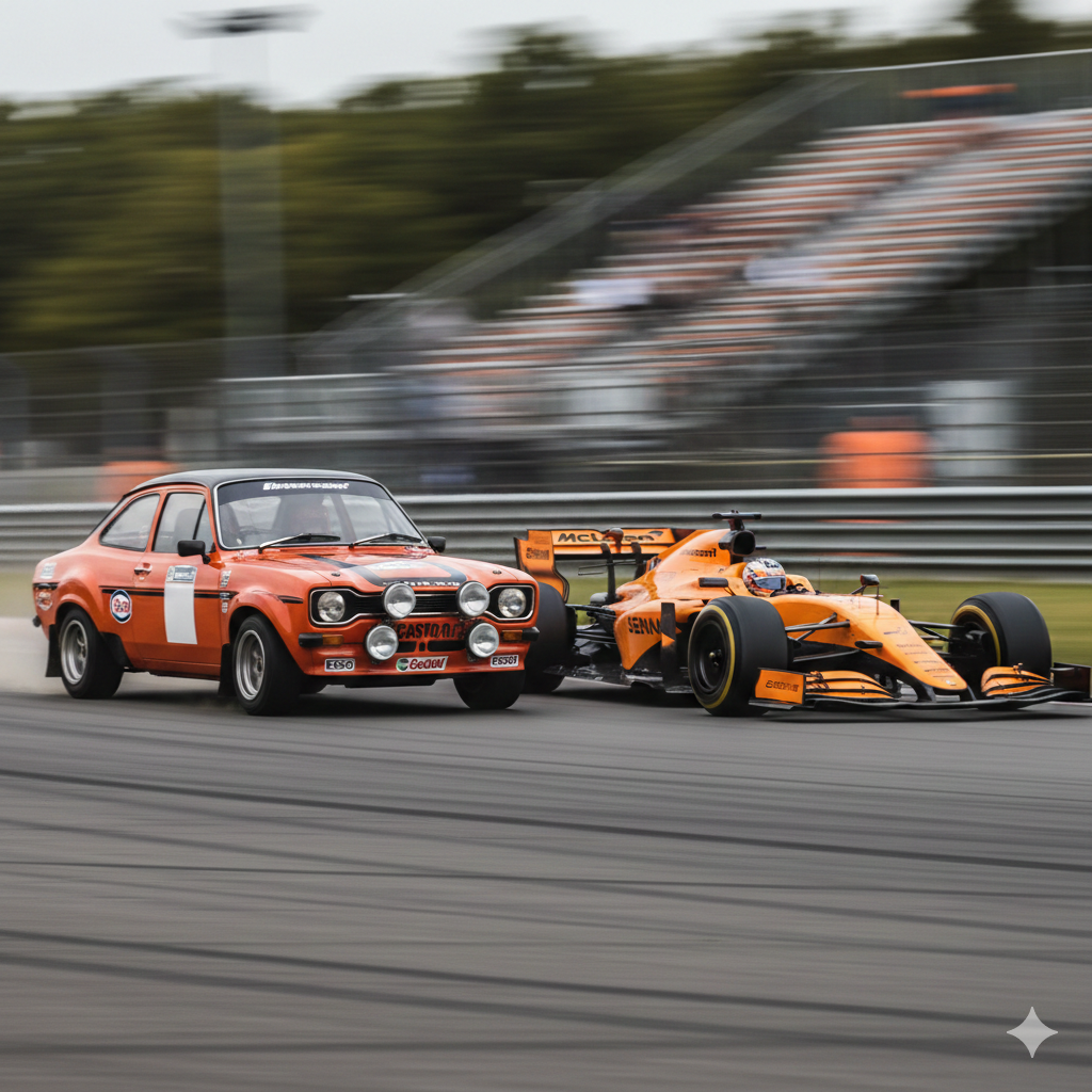 McLaren F1 and Ford Escort Mk2 in papaya orange